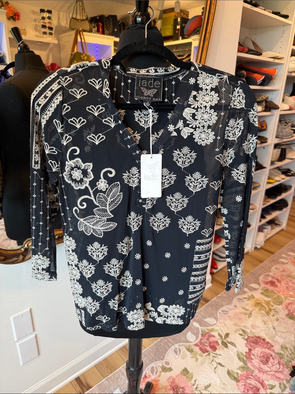 Johnny Was Black and White Embroidered V-Neck Top